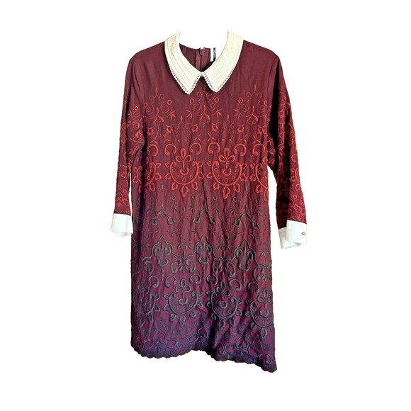 Topshop Embroidered Shift Dress Size 12 Burgundy 3/4 Sleeve Peter Pan Collar - Picture 8 of 15